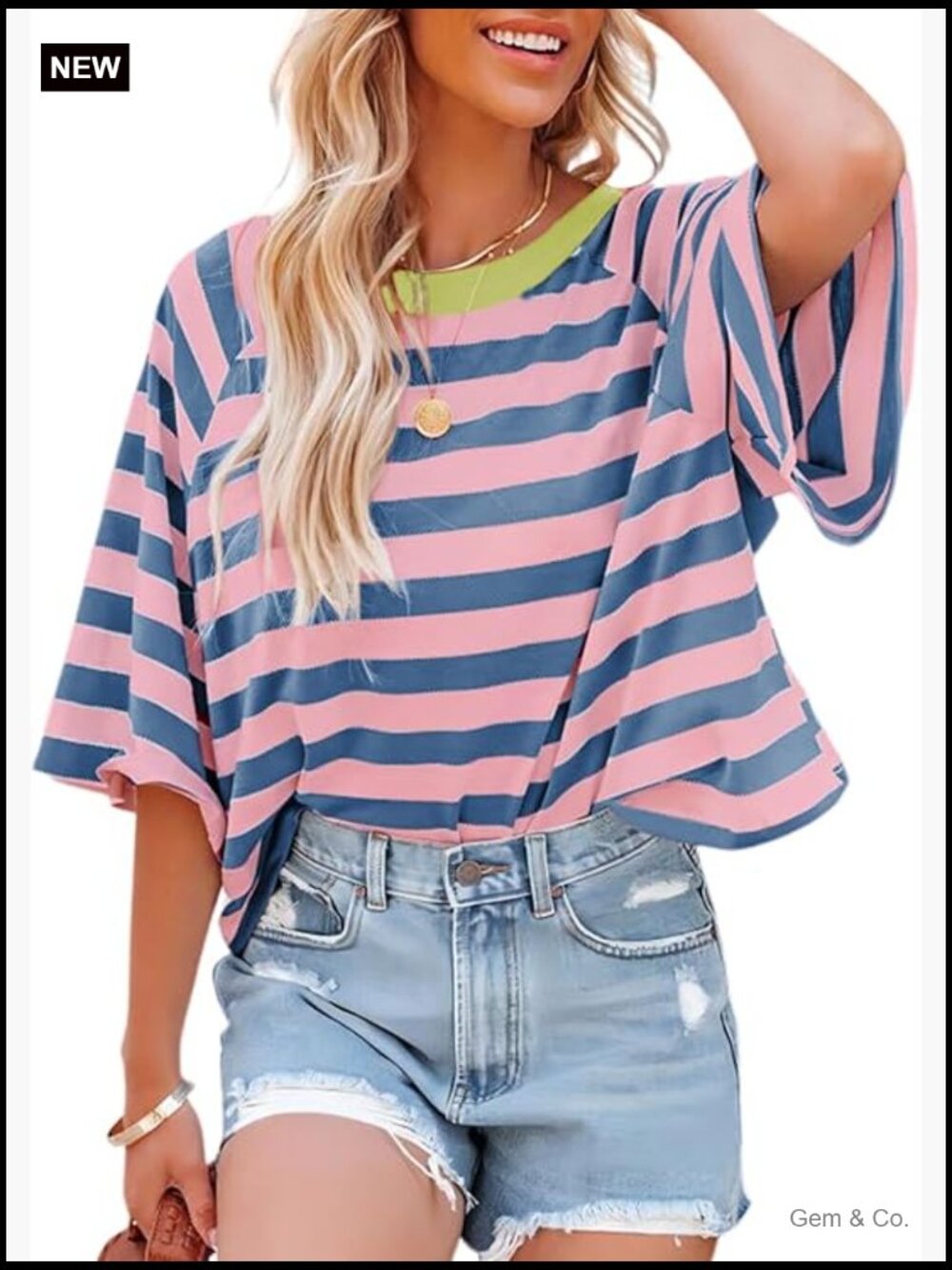 Striped Loose Fit V-Neck T-Shirt Short Sleeve Essential Top - Picture 1 of 6